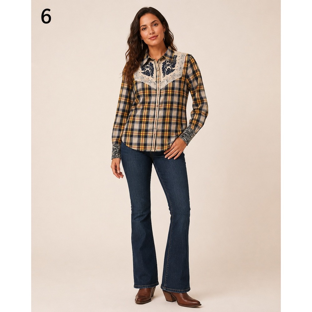 Gimmicks by BKE Flannel Western Shirtโ Womens Medium Yellow Blue Plaid Cotton